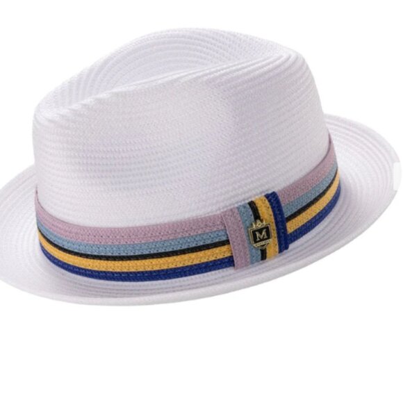 WHITE Braided Straw Fedora Hat with Multistripe BandBRIM 2 1/2 IN106